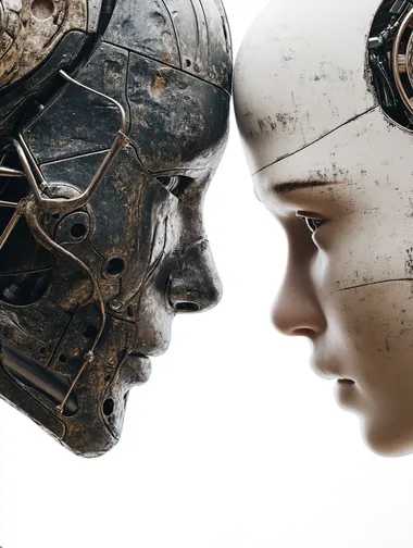 side view close up on a human head and robot head looking to each other face to face, eye to eye, the two heads in the same size and dimensions, challenging, cinematic shot, isolated on white, hyper-realistic  --raw