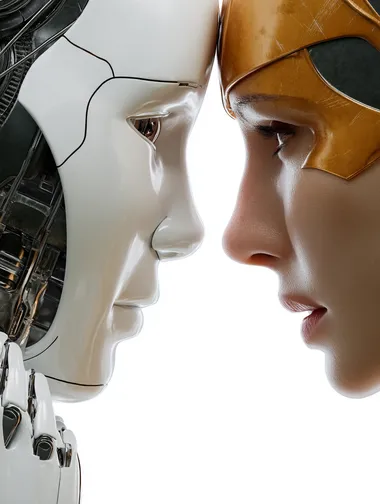 side view close up on a human head and robot head looking to each other face to face, eye to eye, the two heads in the same size and dimensions, challenging, cinematic shot, isolated on white, hyper-realistic  --raw