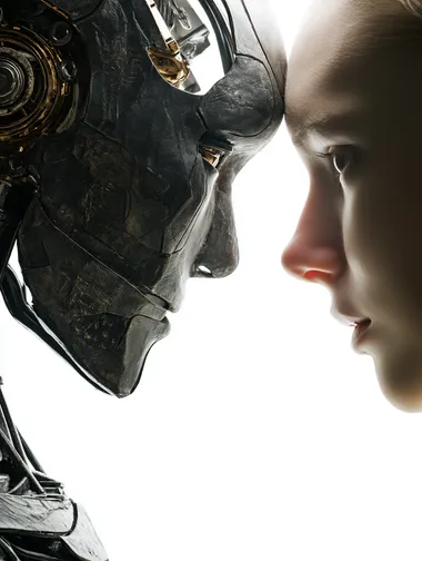 side view close up on a human head and robot head looking to each other face to face, eye to eye, the two heads in the same size and dimensions, challenging, cinematic shot, isolated on white, hyper-realistic  --raw