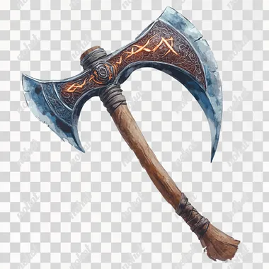 Artwork for D&D on a White Background, A old Hand Axe, Copper Blade, Oak Handle etched with fiery runes   kggbfpf