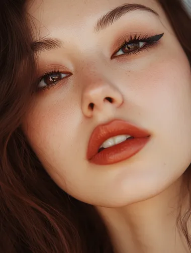 Young 21 years old asian mixed caucasian woman, thick dark black eye liner, glossy lips, casting shot