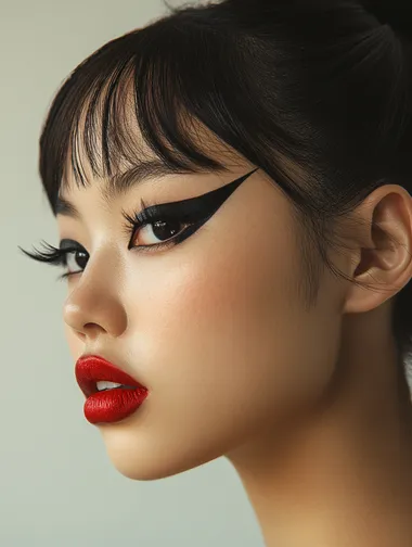 Young 21 years old asian mixed caucasian woman, thick dark black eye liner, glossy lips, casting shot