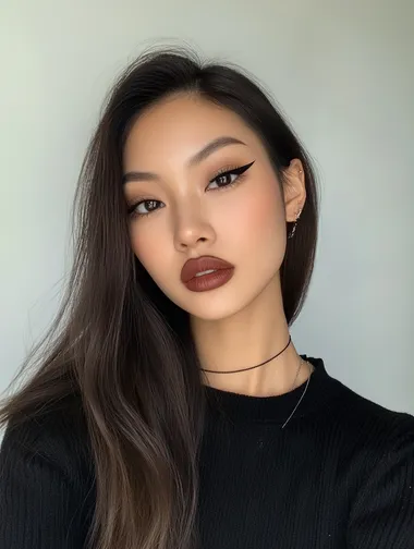 Young 21 years old asian mixed caucasian woman, thick dark black eye liner, glossy lips, casting shot