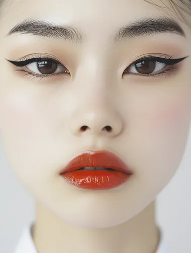 Young 21 years old asian mixed caucasian woman, thick dark black eye liner, glossy lips, casting shot