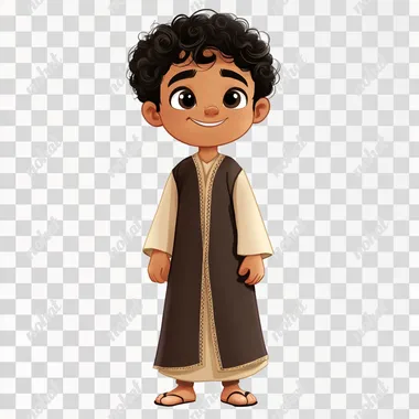 Cartoon character of a young boy, curly hair, with oriental features, wearing a Qatari thobe