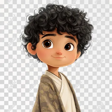 Cartoon character of a young boy, curly hair, with oriental features, wearing a Qatari thobe