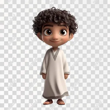 Cartoon character of a young boy, curly hair, with oriental features, wearing a Qatari thobe