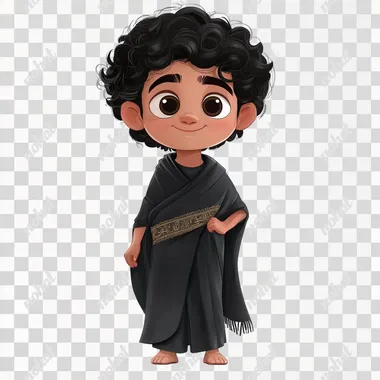 Cartoon character of a young boy, curly hair, with oriental features, wearing a Qatari thobe