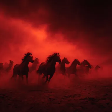 [a stampede of wild horses charging across a barren wasteland], [dynamic side view, intense motion blur on manes and legs], [apocalyptic deep red sky filled with thick dust and smoke], [silhouetted horses lit by hellish glow, atmosphere feels chaotic and end-of-days], [evokes raw energy, survival, and a sense of impending doom]