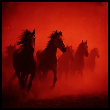 [a stampede of wild horses charging across a barren wasteland], [dynamic side view, intense motion blur on manes and legs], [apocalyptic deep red sky filled with thick dust and smoke], [silhouetted horses lit by hellish glow, atmosphere feels chaotic and end-of-days], [evokes raw energy, survival, and a sense of impending doom]