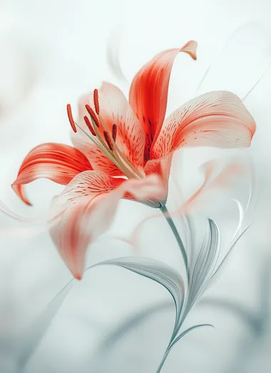 A delicate red lily in motion, captured with a soft focus and blurred background, creating an abstract and dreamy composition. The image is taken from the front view of the lily in a pure white backdrop, showcasing its elegant form and vibrant color. This minimalist photograph emphasizes the fluidity and movement associated with floral photography. 8k, high details, HDR  --s 250   color, stamen