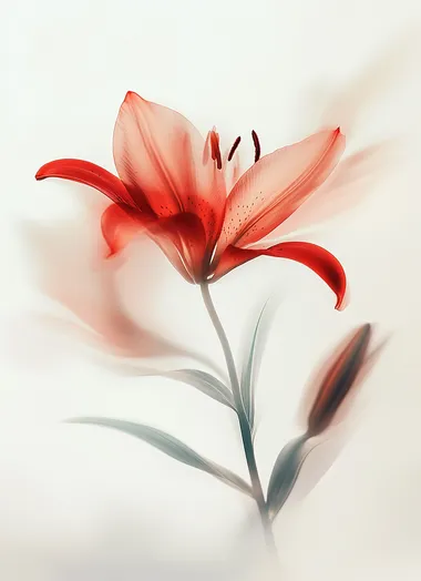 A delicate red lily in motion, captured with a soft focus and blurred background, creating an abstract and dreamy composition. The image is taken from the front view of the lily in a pure white backdrop, showcasing its elegant form and vibrant color. This minimalist photograph emphasizes the fluidity and movement associated with floral photography. 8k, high details, HDR  --s 250   color, stamen