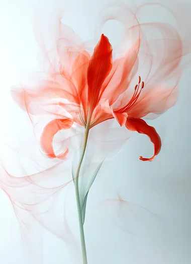 A delicate red lily in motion, captured with a soft focus and blurred background, creating an abstract and dreamy composition. The image is taken from the front view of the lily in a pure white backdrop, showcasing its elegant form and vibrant color. This minimalist photograph emphasizes the fluidity and movement associated with floral photography. 8k, high details, HDR  --s 250   color, stamen