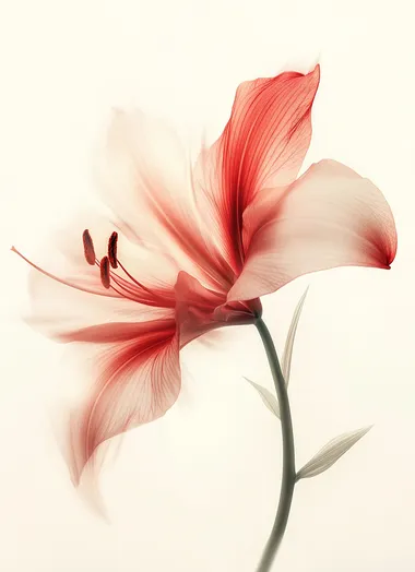 A delicate red lily in motion, captured with a soft focus and blurred background, creating an abstract and dreamy composition. The image is taken from the front view of the lily in a pure white backdrop, showcasing its elegant form and vibrant color. This minimalist photograph emphasizes the fluidity and movement associated with floral photography. 8k, high details, HDR  --s 250   color, stamen