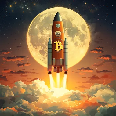 a photorealistic image of a rocket ship that has a prominent Bitcoin logo on it. The rocket ship itself is in the theme of Bitcoin, colors are orange and yellow and bright and shiny, the background is a beautiful sunset with orange hues. The moon is full and shining bright