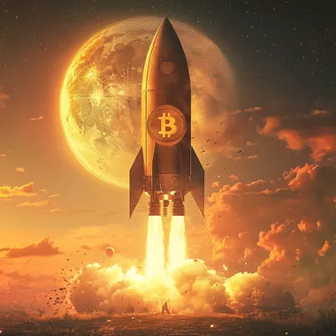 a photorealistic image of a rocket ship that has a prominent Bitcoin logo on it. The rocket ship itself is in the theme of Bitcoin, colors are orange and yellow and bright and shiny, the background is a beautiful sunset with orange hues. The moon is full and shining bright