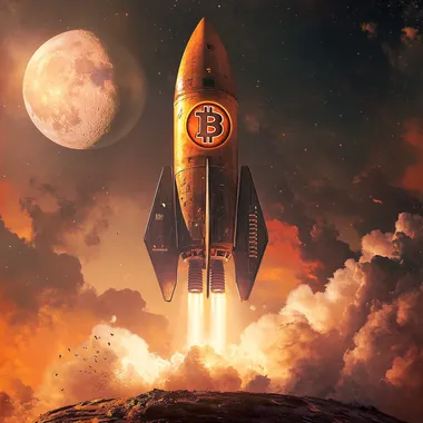 a photorealistic image of a rocket ship that has a prominent Bitcoin logo on it. The rocket ship itself is in the theme of Bitcoin, colors are orange and yellow and bright and shiny, the background is a beautiful sunset with orange hues. The moon is full and shining bright