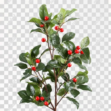 Ilex aquifolium plant white background, 4 meter long shrub with red fruits on it