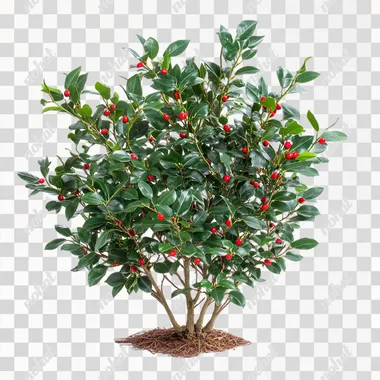 Ilex aquifolium plant white background, 4 meter long shrub with red fruits on it