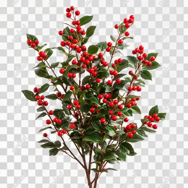 Ilex aquifolium plant white background, 4 meter long shrub with red fruits on it