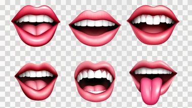 Realistic female lips. Gloss mouths with bright lipstick, 3d isolated body part, different expressions, tongue and white teeth, sticking out tongue, woman beauty red cosmetic utter vector set