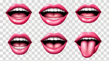 Realistic female lips. Gloss mouths with bright lipstick, 3d isolated body part, different expressions, tongue and white teeth, sticking out tongue, woman beauty red cosmetic utter vector set
