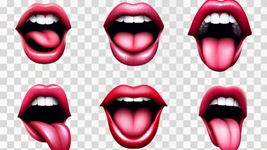 Realistic female lips. Gloss mouths with bright lipstick, 3d isolated body part, different expressions, tongue and white teeth, sticking out tongue, woman beauty red cosmetic utter vector set