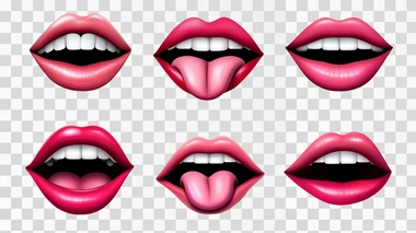 Realistic female lips. Gloss mouths with bright lipstick, 3d isolated body part, different expressions, tongue and white teeth, sticking out tongue, woman beauty red cosmetic utter vector set