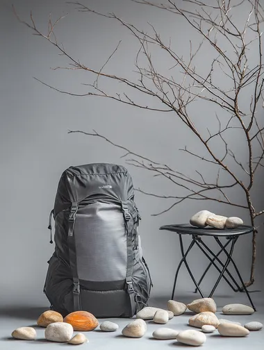 Create a flat lay image of a hiking backpack with a grey gradient background. The backpack should be placed on an outdoor chair, with scattered small stones around it for decoration. In the background, some tree branches should be visible. The composition should have a strong sense of spatial depth and be arranged creatively, with the backpack as the visual focal point of the image