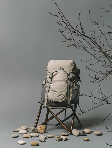Create a flat lay image of a hiking backpack with a grey gradient background. The backpack should be placed on an outdoor chair, with scattered small stones around it for decoration. In the background, some tree branches should be visible. The composition should have a strong sense of spatial depth and be arranged creatively, with the backpack as the visual focal point of the image