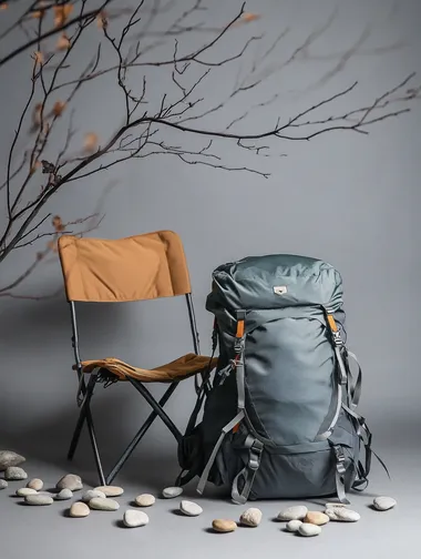 Create a flat lay image of a hiking backpack with a grey gradient background. The backpack should be placed on an outdoor chair, with scattered small stones around it for decoration. In the background, some tree branches should be visible. The composition should have a strong sense of spatial depth and be arranged creatively, with the backpack as the visual focal point of the image