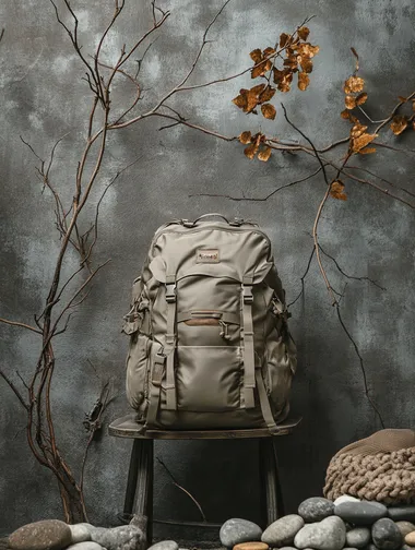 Create a flat lay image of a hiking backpack with a grey gradient background. The backpack should be placed on an outdoor chair, with scattered small stones around it for decoration. In the background, some tree branches should be visible. The composition should have a strong sense of spatial depth and be arranged creatively, with the backpack as the visual focal point of the image
