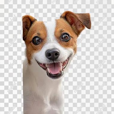 photo of a cheerful jack russell dog peeking out from behind a wall on a white background