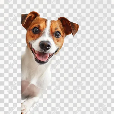 photo of a cheerful jack russell dog peeking out from behind a wall on a white background