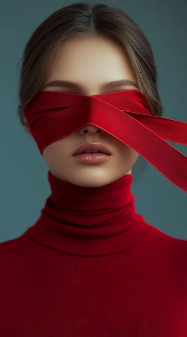 Beautiful fashion woman in a red turtleneck, her eyes covered with a long ribbon made of fabric, very realistic photography with high levels of detail.  --s 250