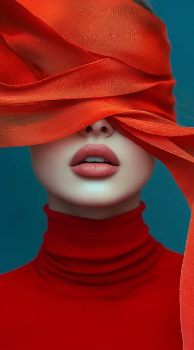 Beautiful fashion woman in a red turtleneck, her eyes covered with a long ribbon made of fabric, very realistic photography with high levels of detail.  --s 250