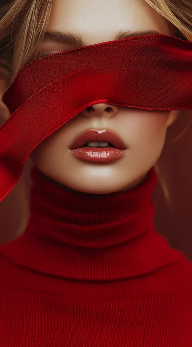 Beautiful fashion woman in a red turtleneck, her eyes covered with a long ribbon made of fabric, very realistic photography with high levels of detail.  --s 250