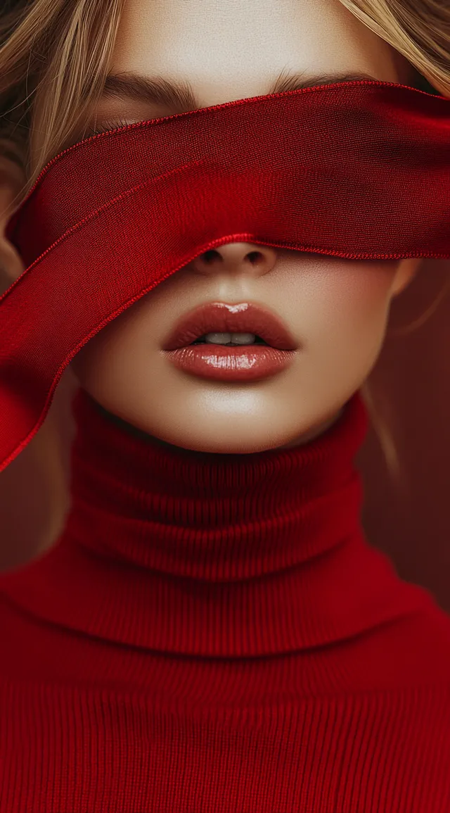 Fashion Woman in Red Turtleneck with Face Covered in Scarf, Urban Setting