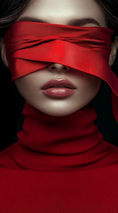 Beautiful fashion woman in a red turtleneck, her eyes covered with a long ribbon made of fabric, very realistic photography with high levels of detail.  --s 250