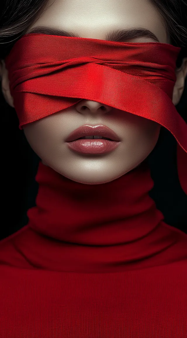 Fashion Woman in Red Turtleneck with Fabric Blindfold in Urban Setting
