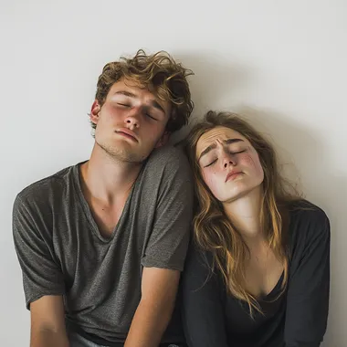 a 16:9 picture of a young (not too handsome) not so romatic couple in a family-portrait style completely exhausted and almost crying on a white background