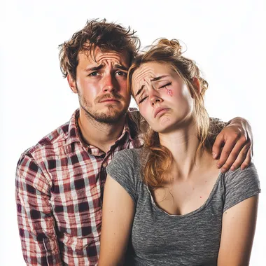 a 16:9 picture of a young (not too handsome) not so romatic couple in a family-portrait style completely exhausted and almost crying on a white background