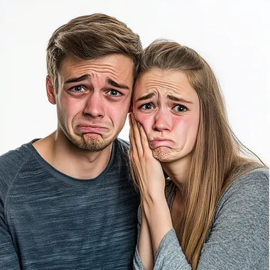 a 16:9 picture of a young (not too handsome) not so romatic couple in a family-portrait style completely exhausted and almost crying on a white background