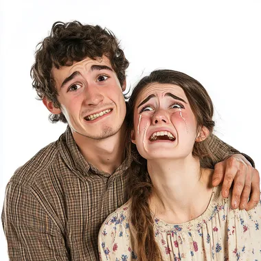 a 16:9 picture of a young (not too handsome) not so romatic couple in a family-portrait style completely exhausted and almost crying on a white background