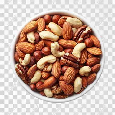a bowl of mixed nuts, hyper realistic, high resolution, photography, top view, white background --s 250