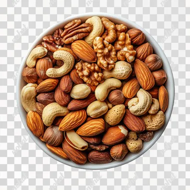 a bowl of mixed nuts, hyper realistic, high resolution, photography, top view, white background --s 250