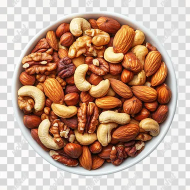 a bowl of mixed nuts, hyper realistic, high resolution, photography, top view, white background --s 250