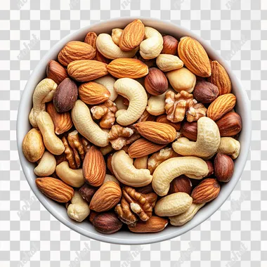 a bowl of mixed nuts, hyper realistic, high resolution, photography, top view, white background --s 250