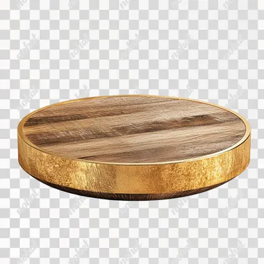 a round platform made out of wood and gold on white background