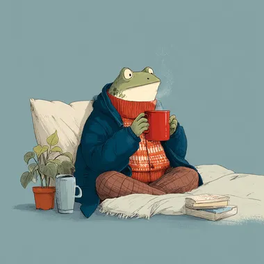 frog enjoying coffee, illustration, coffee, cosy  --s 250